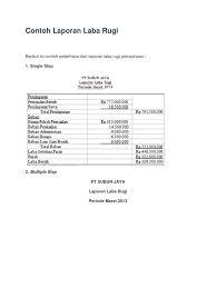 Di dalam penyajian laporan laba rugi, perusahaan harus menyajikan laporan laba rugi tersebut dengan mengelompokkan pendapatan dan beban menurut karakteristiknya dan disusun dalam bentuk bertahap (multiple step) yang menggambarkan pendapatan atau beban yang berasal dari kegiatan utama perusahaan dan kegiatan lain atau dengan kata lain laporan laba rugi harus membedakan antara unsur. Contoh Laporan Laba Rugi