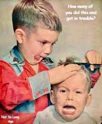 Do you remember doing this to a sibling? Maybe you were the "victim" of  this cut lol. Maybe it was more smiles and thinking you were helping. The  pictures of a block