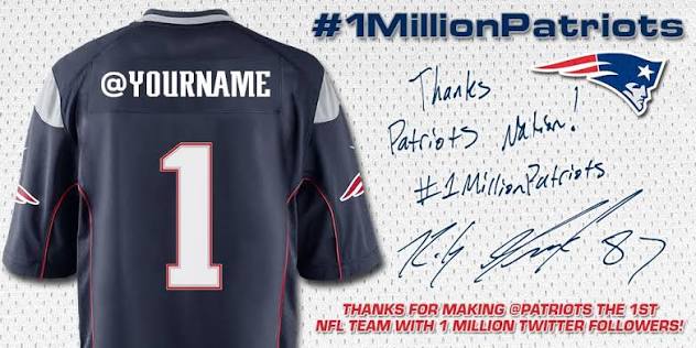 We\'re saying thanks to @patriots\' 1million followers w/ custom digital Pats  jerseys - RT for yours! #1MillionPatriots