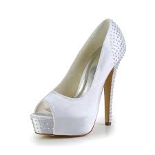 Se, ad esempio, il vestito da sposa é in tessuto brillante. Donna Raso Tacco A Spillo Peep Toe Piattaforme White Scarpe Da Sposa Con Strass Hebeos It