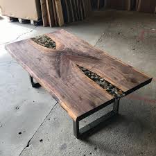 Eventually Finished This Coffee Table 50 X 28 X 18 Tall Bookmatched Black Walnut Live Edge Epoxy River Table For Sale Plea Coffee Table Table Resin Table
