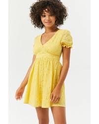 Forever 21 Floral Eyelet Mini Babydoll Dress In Yellow Lyst Eyelash Lace Dress Lace Dress Forever 21 Dresses