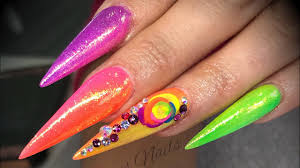 Now, on the outward edge of the nails, on the smiling line, place a bead of clear acrylic polish and neon pink glitter. Acrylic Nails Coloured Ombre Neon Set With 3d Flowers Youtube