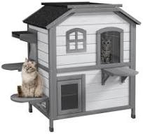 PawHut 2-story Cat House Outdoor, Weatherproof Wooden Cat Enclosure for Feral Cats with Escape Door, Openable Roof, Jumping Platforms, White