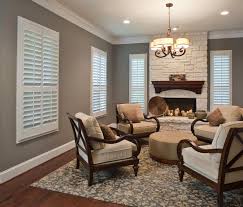 Liteline Shutters From Rockwood In Family Room With Stone Fireplace Living Room Blinds White Shutters Family Room