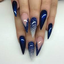 Stiletto Nails Dunkelblau Glanzend French Spitz Glitzer Lang Ombre Nageldesign Nagelideen Spitzennagel