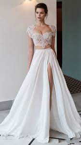 Glamorous two piece summer wedding dress with lacey short sleeve top and wrap style long skirt with a slit. Discount2016 Bohemia Beach Two Piece Wedding Dresses With Beaded A Line Summer Side Split Robe De Mariage Chiffon Beautiful Bridal Gowns From Alinabridal 116 87 Dhgate Com