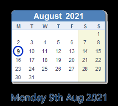 Elements of the document might print as solid black/color boxes or might be missing, including barcodes, qr codes, and graphics elements, such as logos. August 9 2021 Calendar With Holiday Info And Count Down Ind