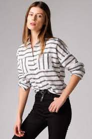 Ekru Kadin Cep Detayli Cizgili Gomlek 315457 Defacto Fashion Long Sleeve Blouse Women