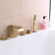 Switchable water outlet and 5ft shower hose enough to stand far away from sink when using the shower, great substitute of sink side spray. Brushed Gold Brass Bathtub Faucet Waterfall Curve Spout With Handheld Sprayer Faucet Set