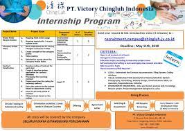 Pt victory chingluh indonesia adalah salah satu anak cabang dari chingluh group merupakan perusahaan yang bergerak dalam saat ini pt victory ching luh indonesia sedang membuka lowongan pekerjaan tingkat sma/smk untuk beberapa posisi yang. Lowongan Kerja Pt Victory Chingluh Indonesia Universitas Esa Unggul