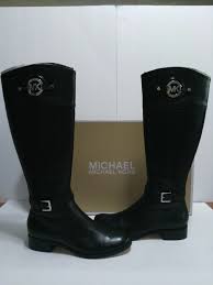 Michael Kors Black And Brown Riding Boots Authentic Michael Kors Stockard Boots Black Genuine Leather With Side Buckles And Silver Michael Kors Logo Above The Top T Boots Michael Kors Boots Leather
