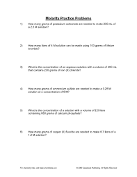 Molarity practice worksheet find the molarity of the following solutions: Molarity Practice Problems Worksheet For 11th Higher Ed Lesson Planet