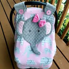 Made To Order Girls Fitted Elephant Carseat Canopy With Peek A Boo Opening Minky Fleece By Lind Baby Girl Elephant Baby Girls Nursery Baby Elephant Nursery