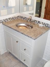 Transitional White Bathroom With Glass Tile Backsplash White Vanity Bathroom Bathroom Border Tiles White Vanity