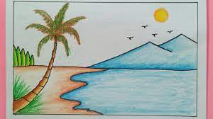 Draw a beach umbrella, an beach ball, three seagull and the sun. Simple Nature Drawings