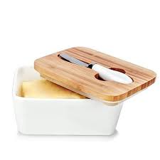 Butter Dish Oamceg Porcelain Ceramic Butter Container Large Butter Keeper With Wooden Lid And Steel Knife Airt In 2020 Butter Storage Porcelain Ceramics Butter Dish