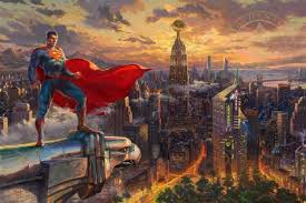 This 1000 piece puzzle features a thomas kinkade painting of the superheroes from the justice league including wonder woman, superman and batman from the dc comics world. Superman Protector Of Metropolis Limited Edition Canvas Thomas Kinkade Studios Thomas Kinkade Metropolis Superman Metropolis