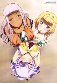 hagiwara hiromitsu, frolaytia capistrano, lendy farolito, milinda brantini,  heavy object, breast hold, light purple hair, silver hair, absurdres,  highres, official art, scan, 10s, 3girls, asymmetrical docking, beach,  beads, between breasts, bikini, bikini