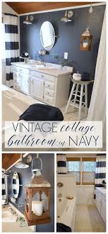 The layout of this bathroom was reconfigured by locating the new tub on the rear wall, and putting the toilet on the left of the vanity. Navy Blue Cottage Bathroom Makeover Fox Hollow Cottage
