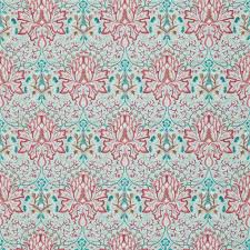 Aqua and coral floral pattern. Morris Co Artichoke Embroidery Dmem234546 Aqua Coral Fabric Closs Hamblin