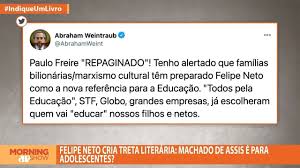 De a.), jornalista, contista, cronista, romancista, poeta e teatrólogo, nasceu no rio de janeiro, rj, em 21 de junho de 1839, e faleceu também no rio de janeiro, em 29 de setembro de 1908. Jovem Pan Morning Show Felipe Neto Cria Treta Literaria Machado De Assis E Para Adolescentes Facebook