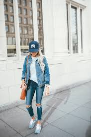 Cute Casual Weekend Outfit Yankee Hat Light Blue Striped Top Jean Jacket Ripped Skinny Jeans And Chambray Blue New Balance Sneak Things To Wear Casua