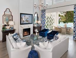 Beautiful Blue And White Transitional Living Room Decor With White Sofa And Blue Velvet Arm Blue Living Room Decor Blue And White Living Room Living Room White