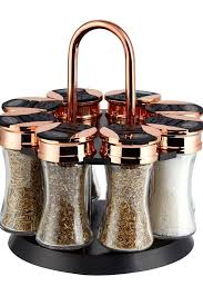 Black And Copper Kitchen Accessories Tower 8 Jar Spice Rack Black There Are Various Home Utensils Generally Kitchen Utensils May Be Divided In In 2020 Rose Gold Kitchen Gold Kitchen Spice Rack Black