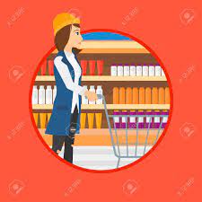 Woman Pushing Empty Supermarket Cart. Woman Shopping At Supermarket With Cart.  Woman Walking With Trolley On Aisle At Supermarket. Vector Flat Design  Illustration In The Circle Isolated On Background. Royalty Free SVG,