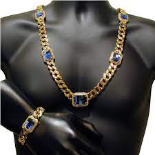 Lab Diamond Bracelet Miami Cuban Link Cobalt Blue Gemstone Necklace Combo Necklace Combo Blue Gemstone Necklace Blue Gemstones