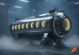 A large, dark metallic cylinder with multiple glowing circular portholes sits in a misty, industrial hangar. Photorealistic style. on Craiyon
