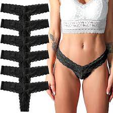Amazon.com: Cinvik Tangas de encaje para mujer, con espalda en T, sexy, sin  costuras, tanga, de talle bajo, en forma de V, calzones de encaje huecos,  negro (6pcs