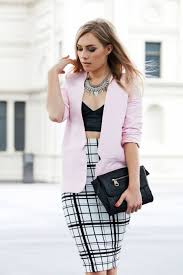 Black And White Plaid Blazer And Skirt Pale Pink Blazer Black Leather Bralette White And Black Checkered Pencil Skirt Fashion Editorial Fashion Blazer Outfits