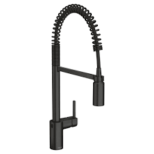This makes it easy to fill pots on the kitchen countertop. Moen Align 1 Handle Pre Rinse Spring Pulldown Kitchen Faucet With Motionsense Wave And Power Clean In Matte Black 5923ewbl The Home Depot Black Kitchen Faucets Touchless Kitchen Faucet Kitchen Faucet