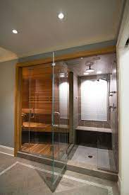 The adjacent sauna is made from medium thermo alder, the darkness creating a stunning contrast with the steam room. 130 Saunas Ideas Sauna Design Bathroom Design Bathrooms Remodel