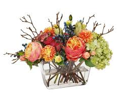 Hydrangea artificial flowers in vase. Faux Mixed Fall Hydrangea And Rose In Square Vase Artificial Flowers Pottery Barn