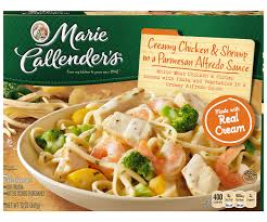 A collection of side by side cooked frozen dinner comparisons where the left is the marketing version of the box and the right is the results of following the microwave cooking instructions. Marie Callender S Frozen Dinner Creamy Chicken Shrimp In A Parmesan Alfredo Sauce 13 Ounce Walmart Com Walmart Com