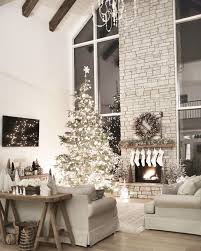 All White Interior White Holiday Decor Farmhouse Living Room Stone Firepla Christmas Decorations Living Room Christmas Living Rooms Farm House Living Room