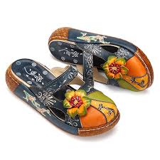 Socofy Vintage Colorful Leather Hollow Out Backless Flower Shoes