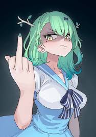 mole under eye, shaded face, middle finger, long hair, 1girl - Anime R34