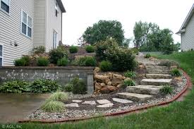 Integrate stone steps and a stone retaining wall into a challenging backyard slope to make the space. Walls Steps Landscape Design Outdoor Living