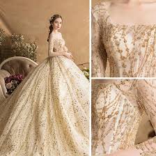 Luxury Gorgeous Gold Wedding Dresses 2019 Ball Gown Square Neckline Glitter Tulle Beading Sequins Crystal 3 4 Sleeve Backless Royal Train Black Wedding Gowns Gold Wedding Dress Wedding Dress Necklines
