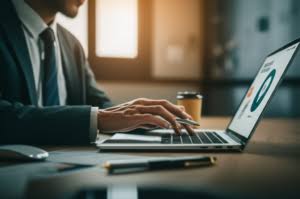 Advogado trabalhando em site jurídico profissional no computador