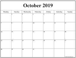 October 2019 Monday Calendar Monday To Sunday Monthly Calendar Printable Calendar Printables Free Printable Calendar