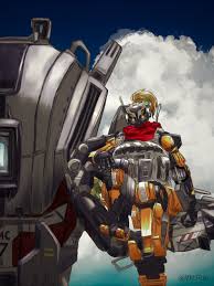 ronin (titanfall 2), titanfall (series), titanfall 2, absurdres, highres,  blue eyes, bulletproof vest, cloud, head tilt, humanoid robot, in palm,  looking at viewer, mecha, no humans, rem (linearc), robot, sky, spectre ( titanfall),