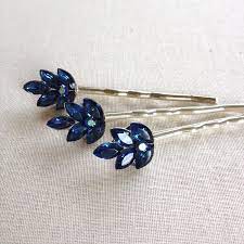 We also carry an assortment of colorful hair pins that are sure to make any outfit pop. 3 Navy Blue Swarovski Crystal Leaf Bobby Pins Bridesmaid Etsy Blue Hair Accessories Blue Hair Pins Hair Jewelry