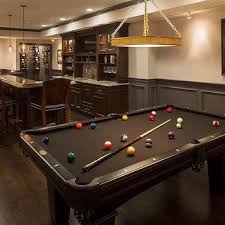 Basement Bar With Black Pool Table And Charcoal Gray Wainscot Trim Black Pool Table Finishing Basement Pool Table Room