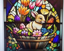 Stained Glass Floral Bunny in Basket Wreath Sign