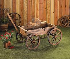 Large Wood Wagon Rolling Country Flower Cart Plant Pot Stand Planter Yard Statue Wagon Wheel Decor Wood Wagon Wooden Wagon